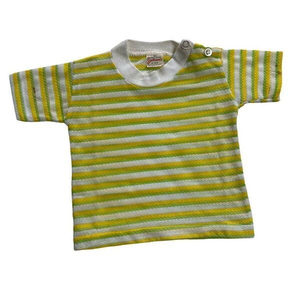 Vintage 1960s 1970s Unisex Neon Yellow Green Striped Retro Short Sleeve Top - Picture 1 of 10